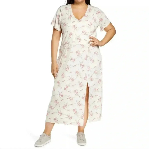WAYF Alexa Short Sleeve Front Slit Midi Dress Ivory Whisper Pink Floral 1X NWT - Picture 1 of 14